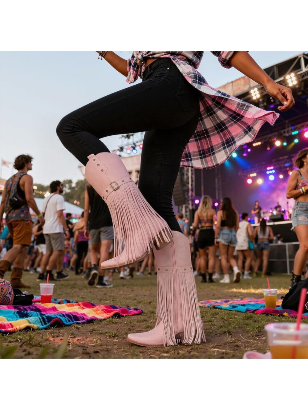 Women 01-Pink Leather Pull On Block Chunky Suede Fringe Cowboy Pointed Toe Boot - Picture 2 of 6